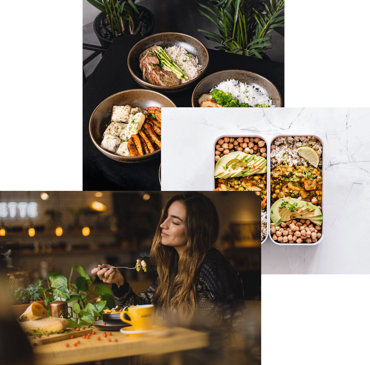 Woman enjoying food, meals in storage container, and food bwls on a table